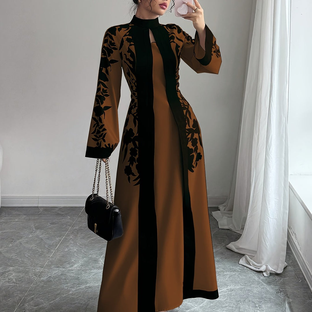 Fashionable Elegant Faux Two-Piece Fall/Winter New Floral Print Long Sleeve Maxi Dress