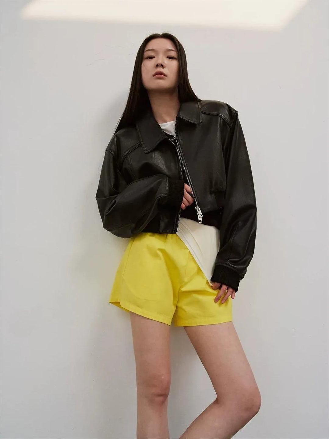 Firelady Fur Vintage Washed Leather Bomber Jacket | Versatile Stand-Collar Design "Witch Game"