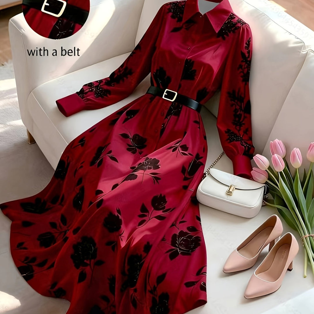 Spring/Autumn New French Retro Floral Print, Elegant Long Dress with Belt, Women&