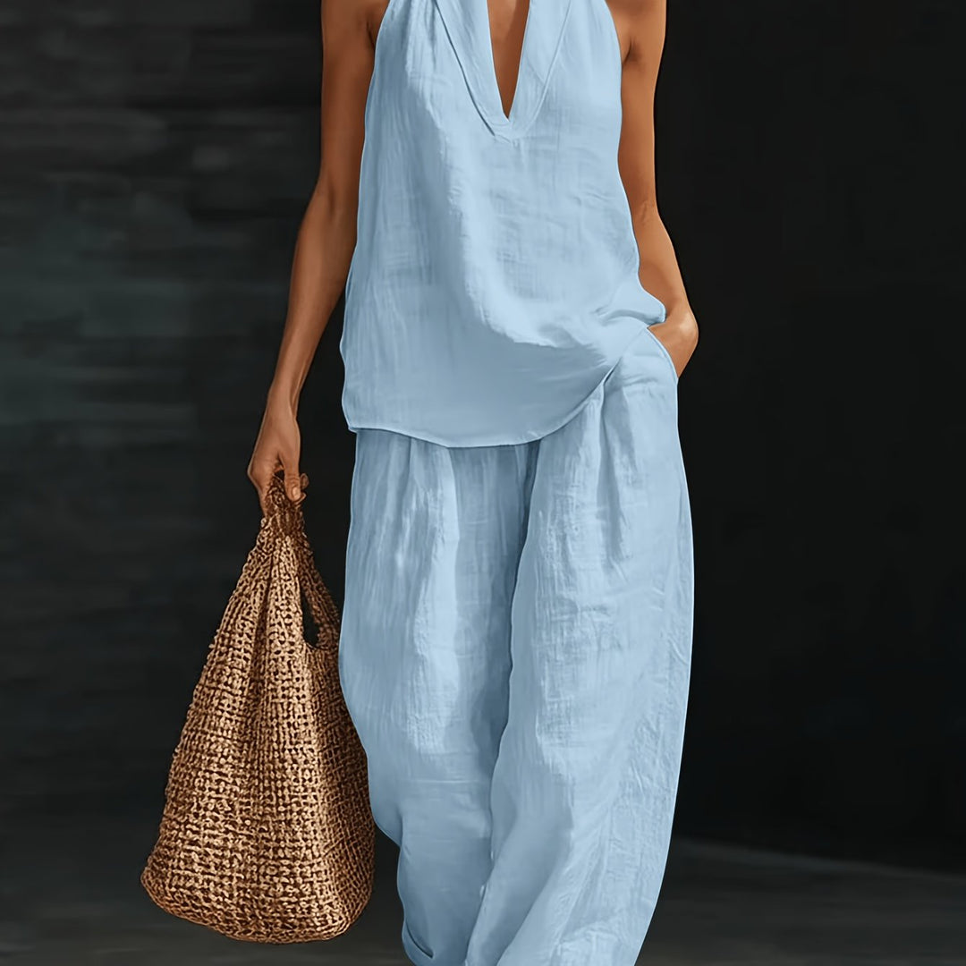 Linen V-Neck Top and Wide-Leg Pants Set