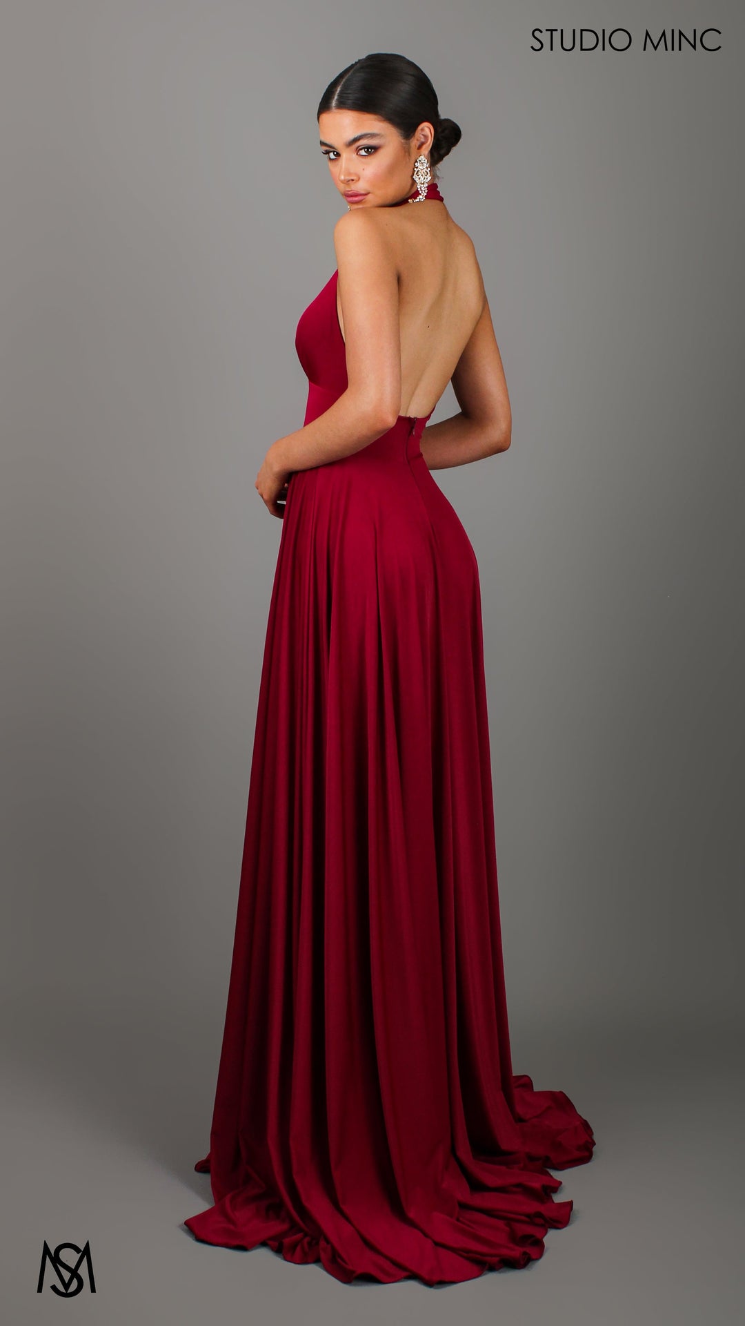 LOVE - Ruby Red Flowy Formal Dress with Plunge Neckline &amp; Leg Split
