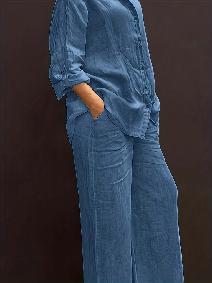 Casual Collar Cardigan and Wide-Leg Pants Set, Elegant Versatile Slim Fit Solid Color Chic Shirt Top with Soft Fabric for Comfortable Beach Vacation Daily/Office Commute Loose Waist Trousers Two-Piece Outfit