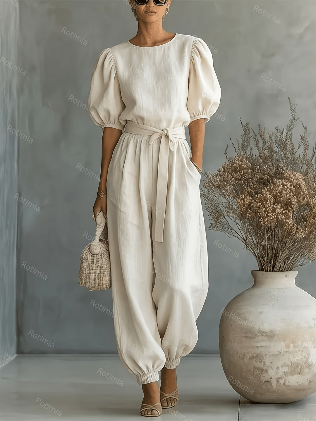 Bohemian-style Puff Sleeve Jumpsuit with Tie-waist. Features Side Pockets for Convenience, a Fit, and Comfortable Casual Wear
