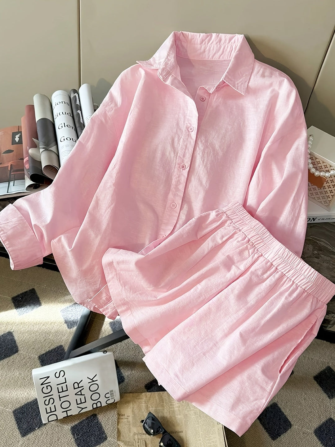 Loose Long Sleeve Top and Shorts Set