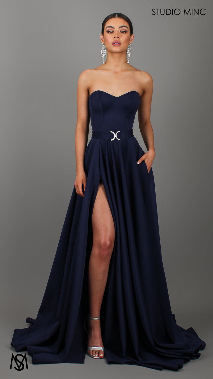 SWEETHEART - Navy Blue Strapless Formal dress with Corset &amp; Full Circle Skirt