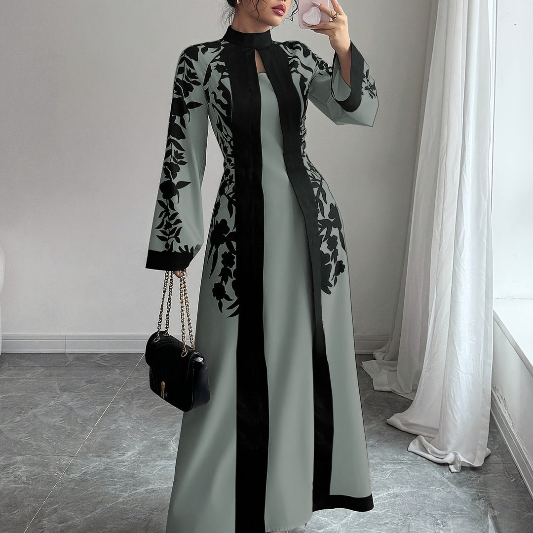Fashionable Elegant Faux Two-Piece Fall/Winter New Floral Print Long Sleeve Maxi Dress