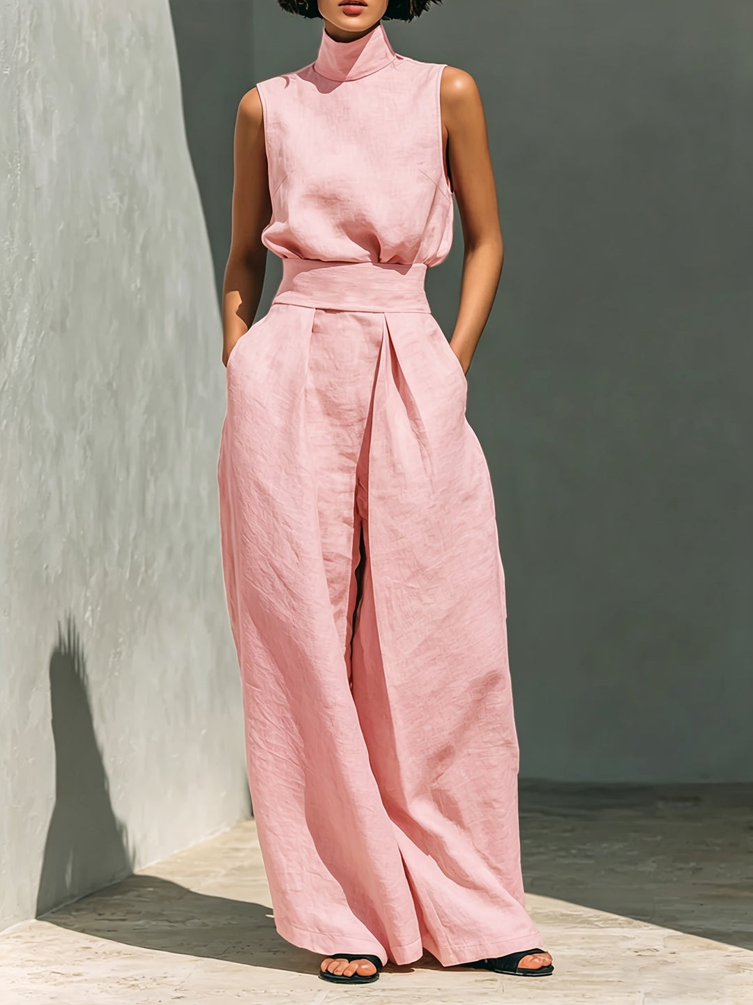 Minimalist Lazy Style Linen Sleeveless Stand-Up Collar Top with High-Waisted Wide-Leg Pants Loose And Two-Piece Set Temperament Casual Commuting Suit [ZLLZ]