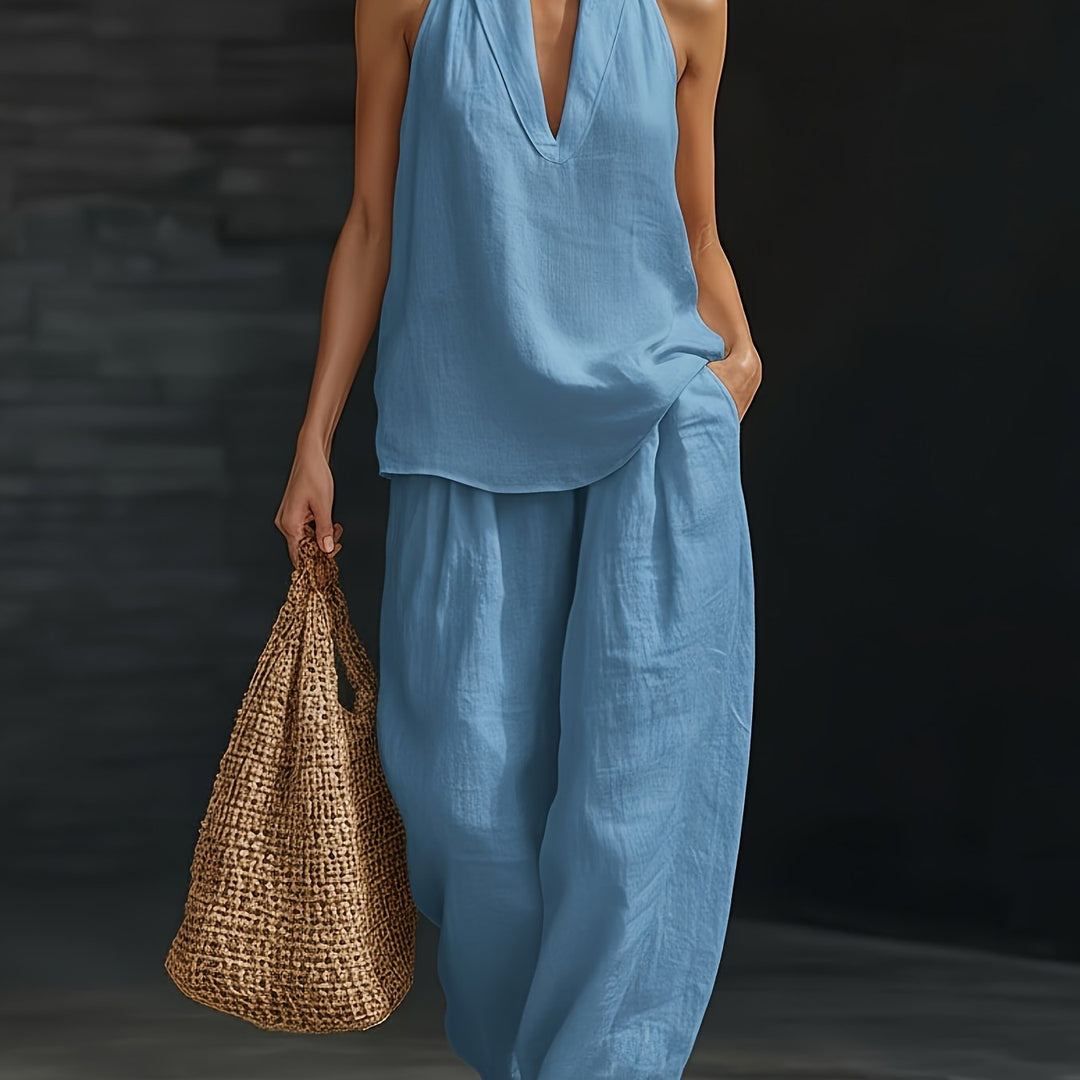 Linen V-Neck Top and Wide-Leg Pants Set