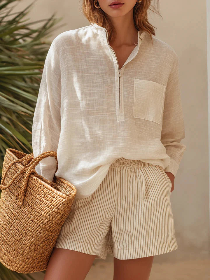 Brielle | Sheer Linen Shirt Striped Shorts Set