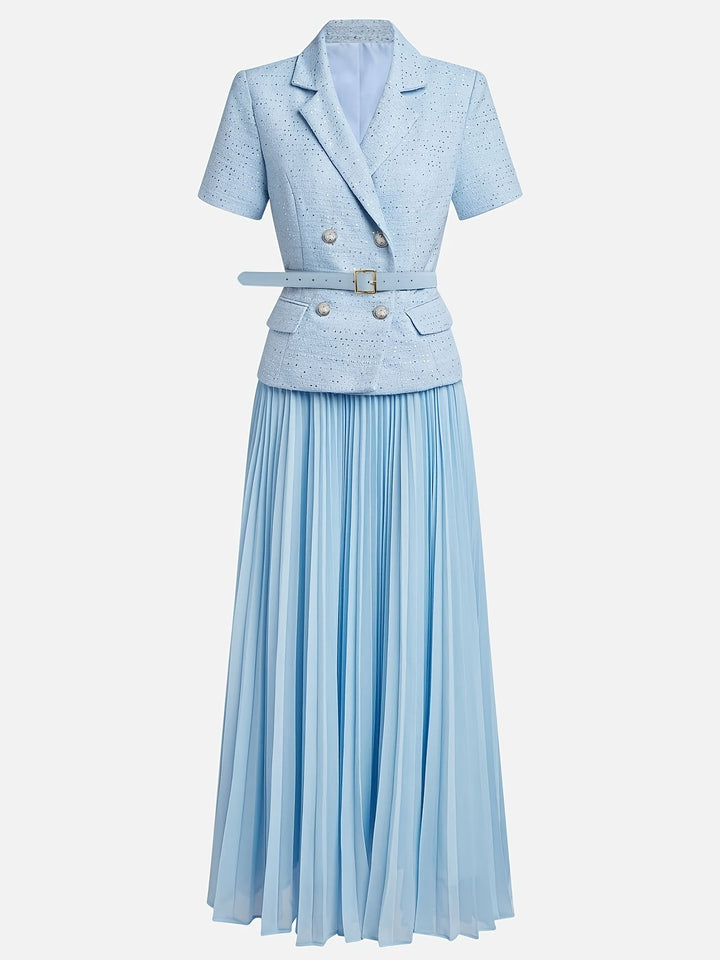Elegant Light Blue Short-Sleeve Thickened Waistcoat Suit Jacket And Pleated Chiffon Pleated Half-Length Skirt Urban Office Suit Half-Length Skirt Set