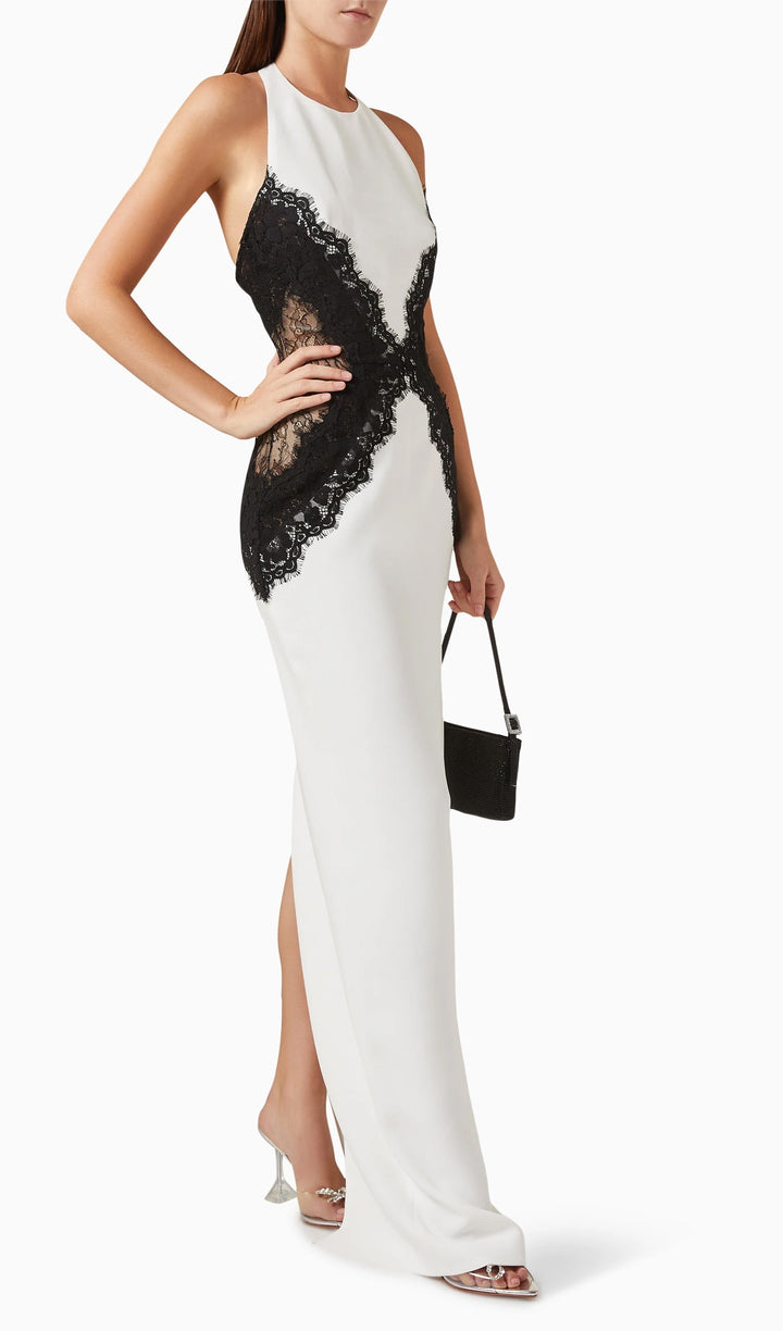 Open Back Maxi Dress In Crepe &amp; Lace