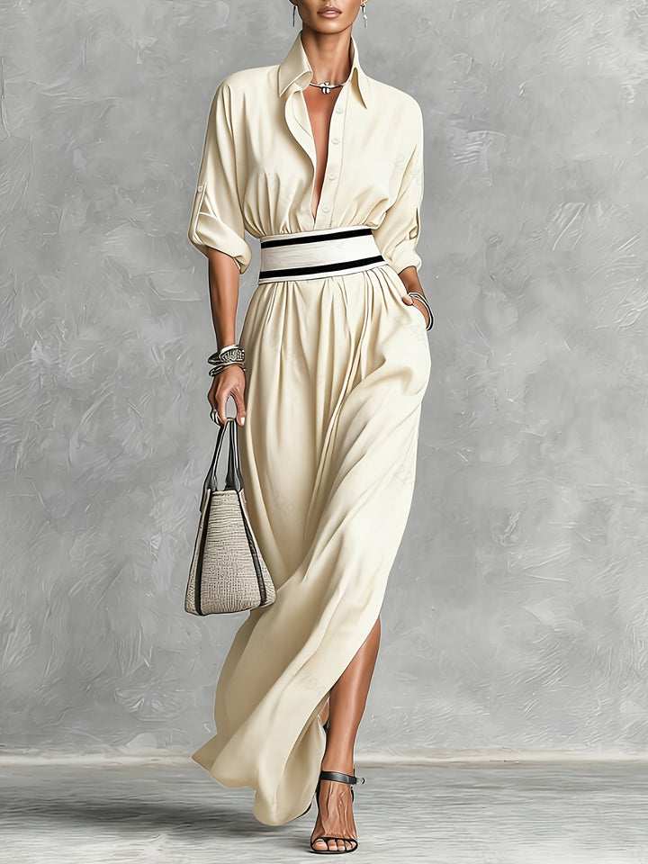 French Retro Lapel Belted Maxi Dress