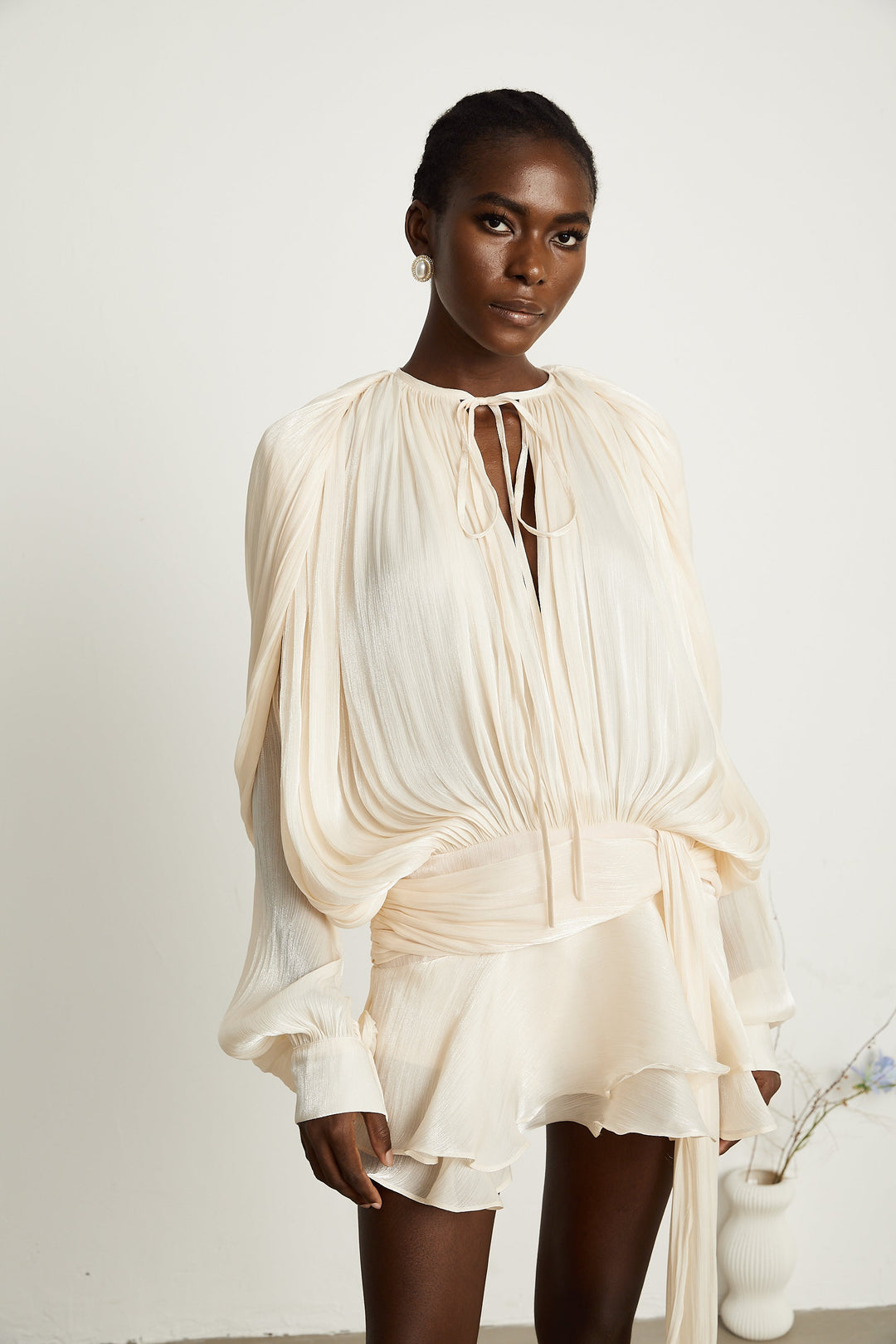 Eugénie fully-pleated ruffled mini dress in Neutrals