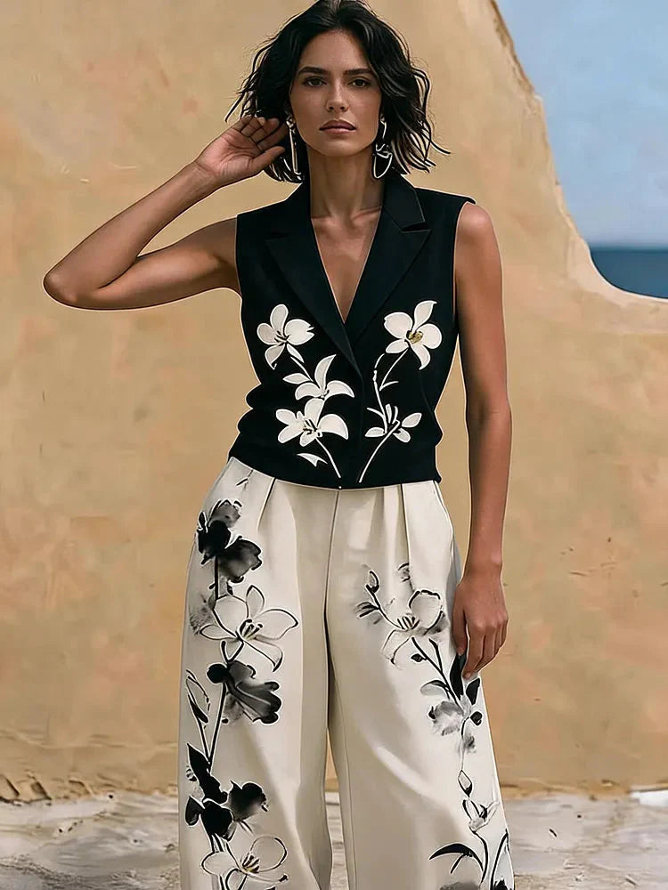 Jasmine | Floral Embroidered Vest Wide-Leg Pants Set