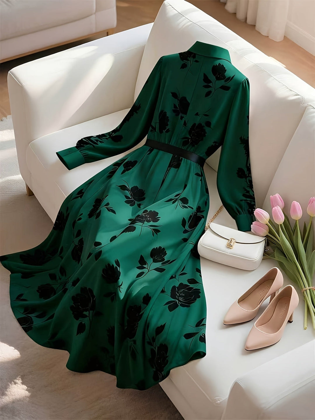 Spring/Autumn New French Retro Floral Print, Elegant Long Dress with Belt, Women&