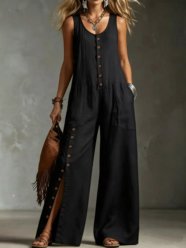 Sleeveless Button-Front Wide-Leg Jumpsuit — Plus Size