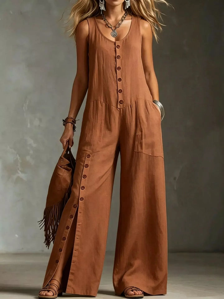 Sleeveless Button-Front Wide-Leg Jumpsuit — Plus Size