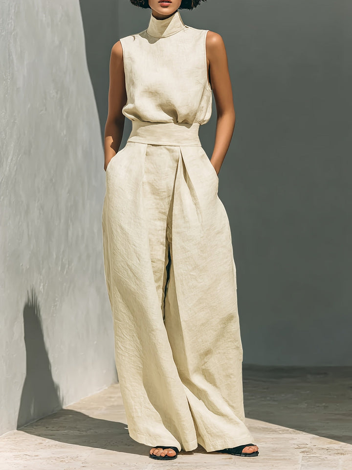 Minimalist Lazy Style Linen Sleeveless Stand-Up Collar Top with High-Waisted Wide-Leg Pants Loose And Two-Piece Set Temperament Casual Commuting Suit [ZLLZ]