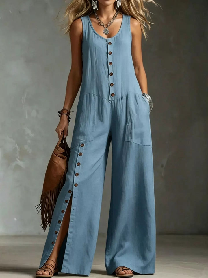 Sleeveless Button-Front Wide-Leg Jumpsuit — Plus Size