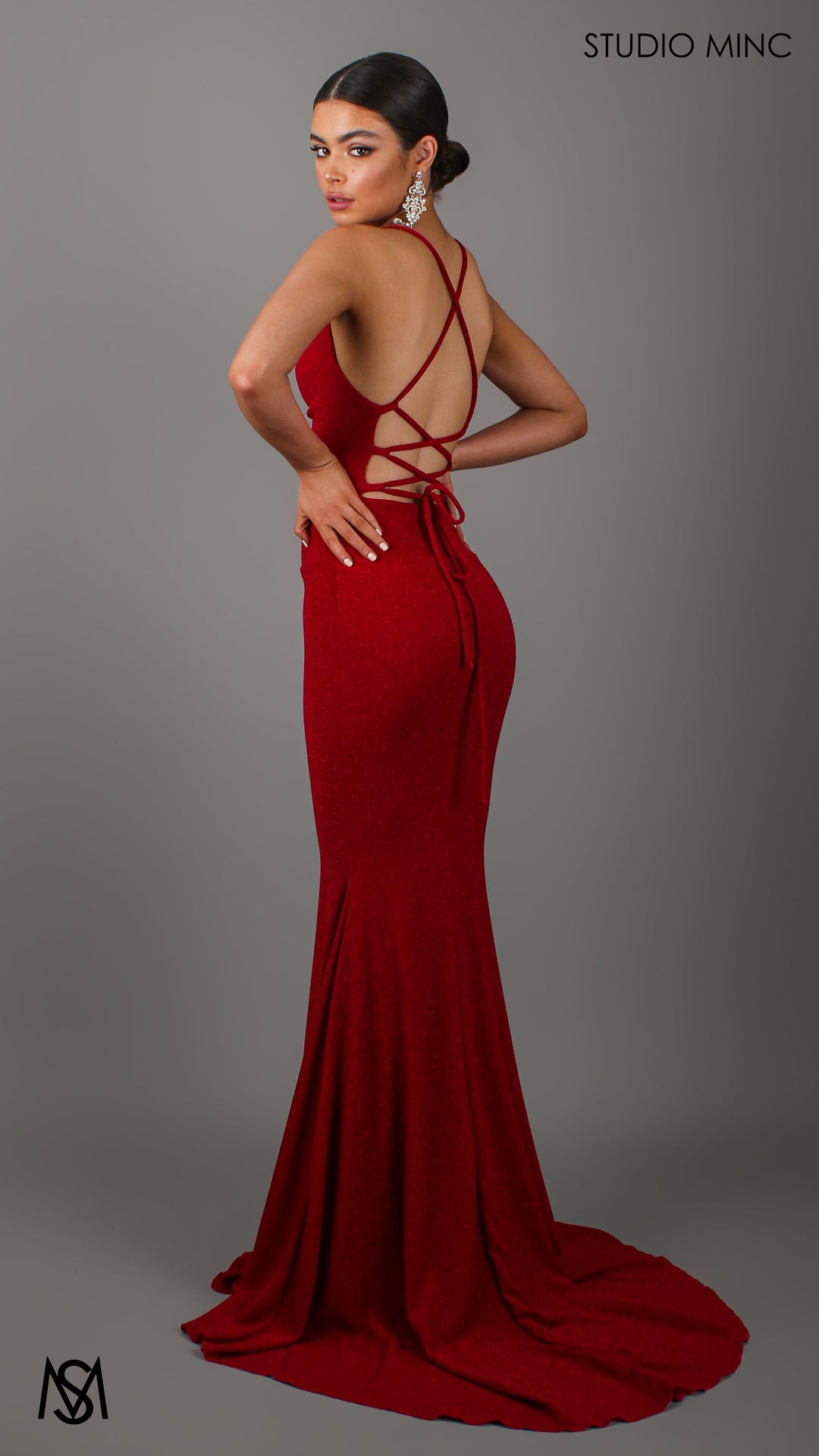 AURA - Deep Red Shimmer Figure Flattering Formal Dress with Cowl Neckline