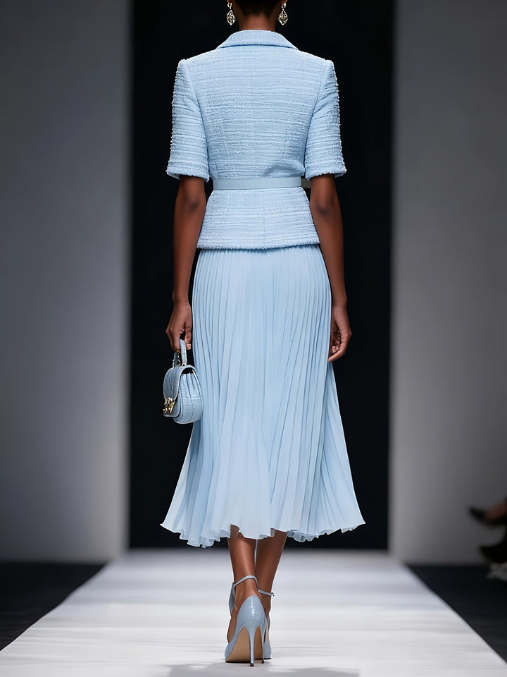 Elegant Light Blue Short-Sleeve Thickened Waistcoat Suit Jacket And Pleated Chiffon Pleated Half-Length Skirt Urban Office Suit Half-Length Skirt Set