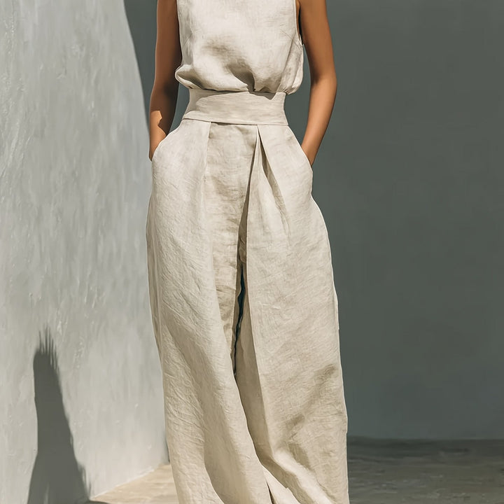 Minimalist Lazy Style Linen Sleeveless Stand-Up Collar Top with High-Waisted Wide-Leg Pants Loose And Two-Piece Set Temperament Casual Commuting Suit [ZLLZ]