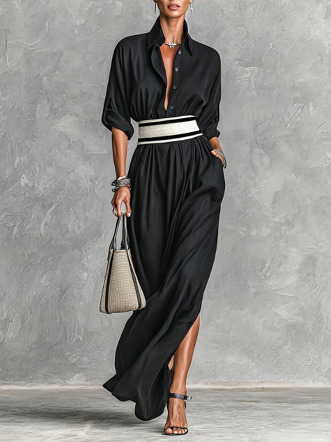 French Retro Lapel Belted Maxi Dress