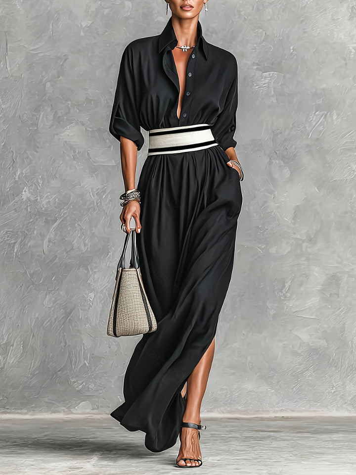 French Retro Lapel Belted Maxi Dress
