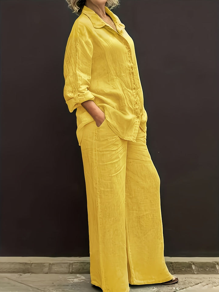 Casual Collar Cardigan and Wide-Leg Pants Set, Elegant Versatile Slim Fit Solid Color Chic Shirt Top with Soft Fabric for Comfortable Beach Vacation Daily/Office Commute Loose Waist Trousers Two-Piece Outfit