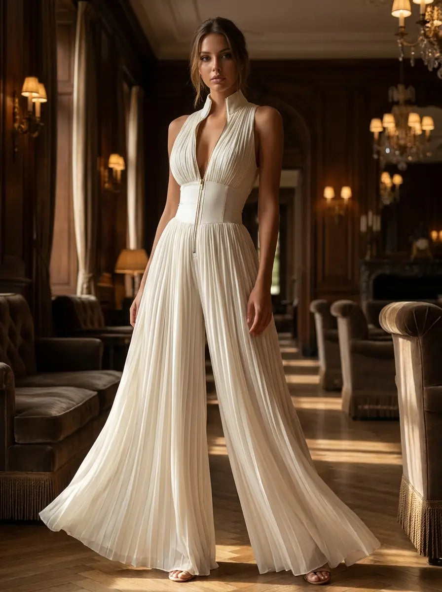 Ivory Pleated Evening Jumpsuit — Elegant Wide-Leg Jumpsuit
