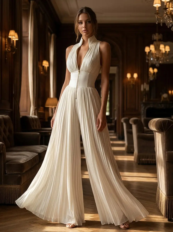 Ivory Pleated Evening Jumpsuit — Elegant Wide-Leg Jumpsuit