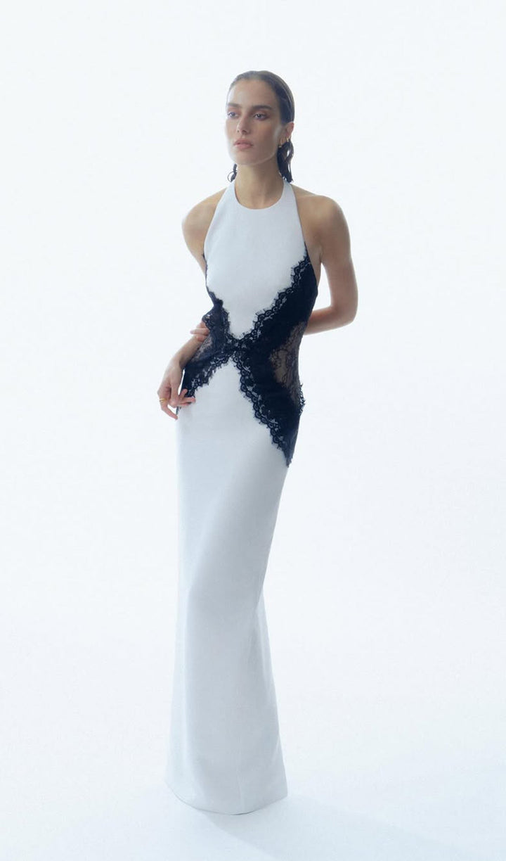 Open Back Maxi Dress In Crepe &amp; Lace