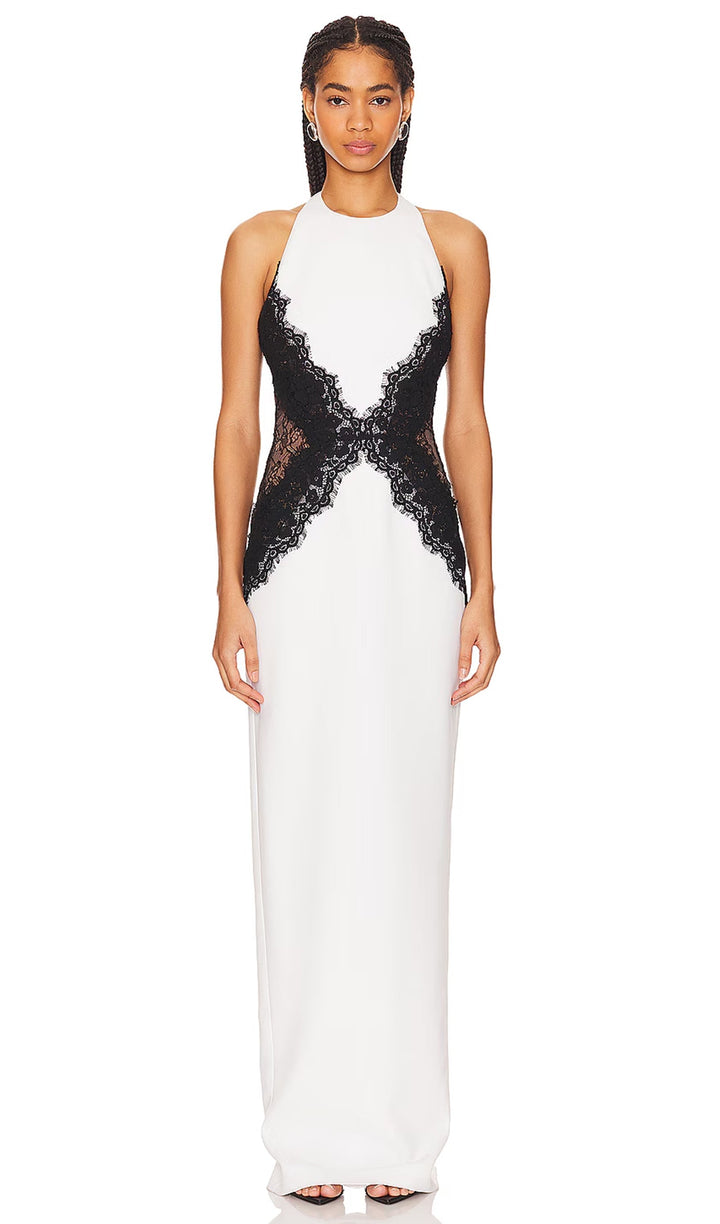 Open Back Maxi Dress In Crepe &amp; Lace
