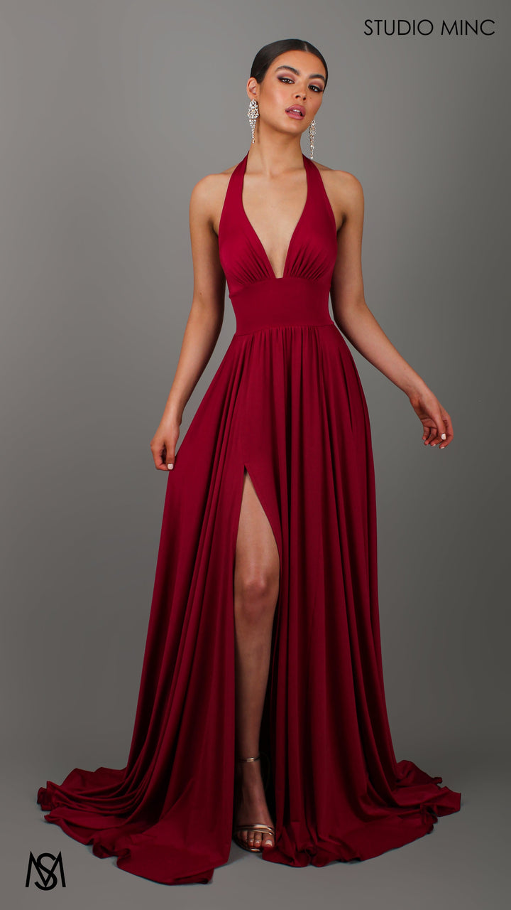 LOVE - Ruby Red Flowy Formal Dress with Plunge Neckline &amp; Leg Split
