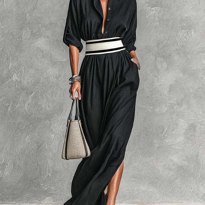 French Retro Lapel Belted Maxi Dress