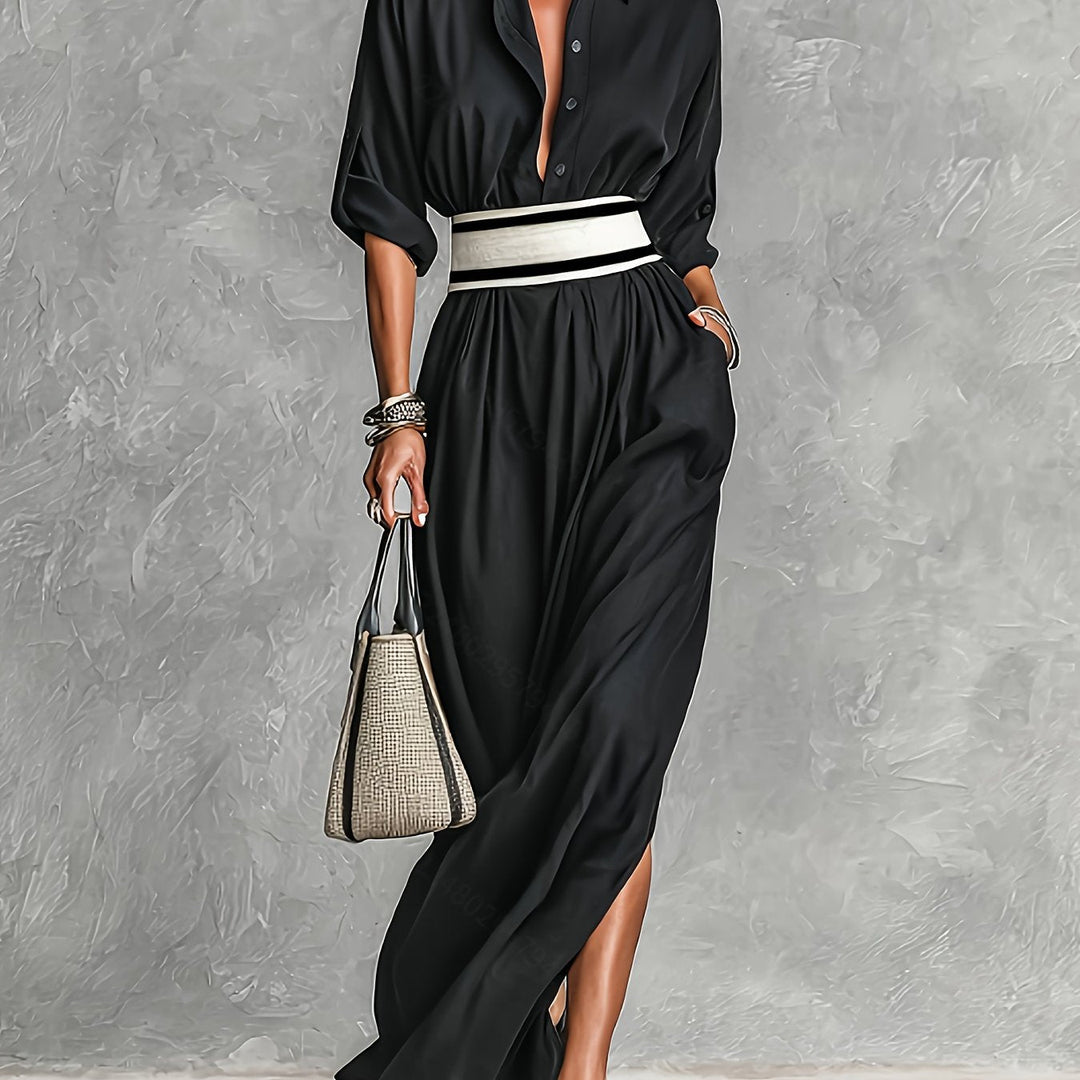 French Retro Lapel Belted Maxi Dress