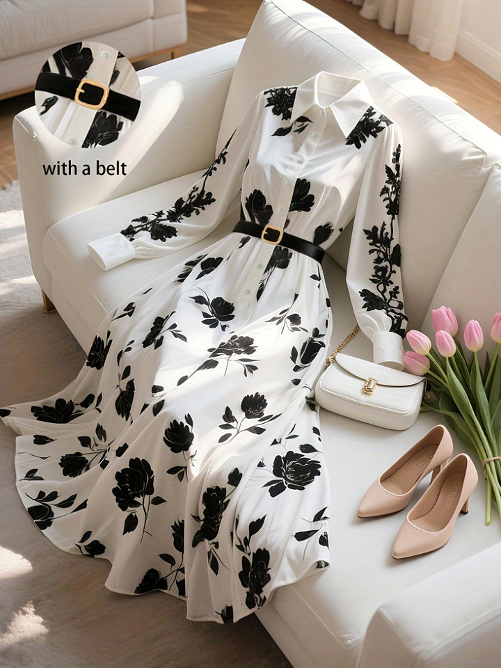 Spring/Autumn New French Retro Floral Print, Elegant Long Dress with Belt, Women&