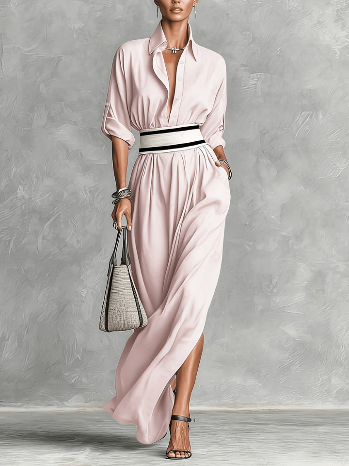 French Retro Lapel Belted Maxi Dress