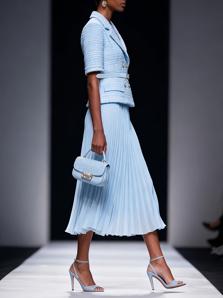Elegant Light Blue Short-Sleeve Thickened Waistcoat Suit Jacket And Pleated Chiffon Pleated Half-Length Skirt Urban Office Suit Half-Length Skirt Set