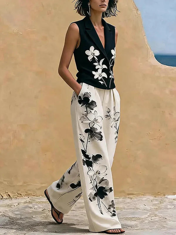 Jasmine | Floral Embroidered Vest Wide-Leg Pants Set