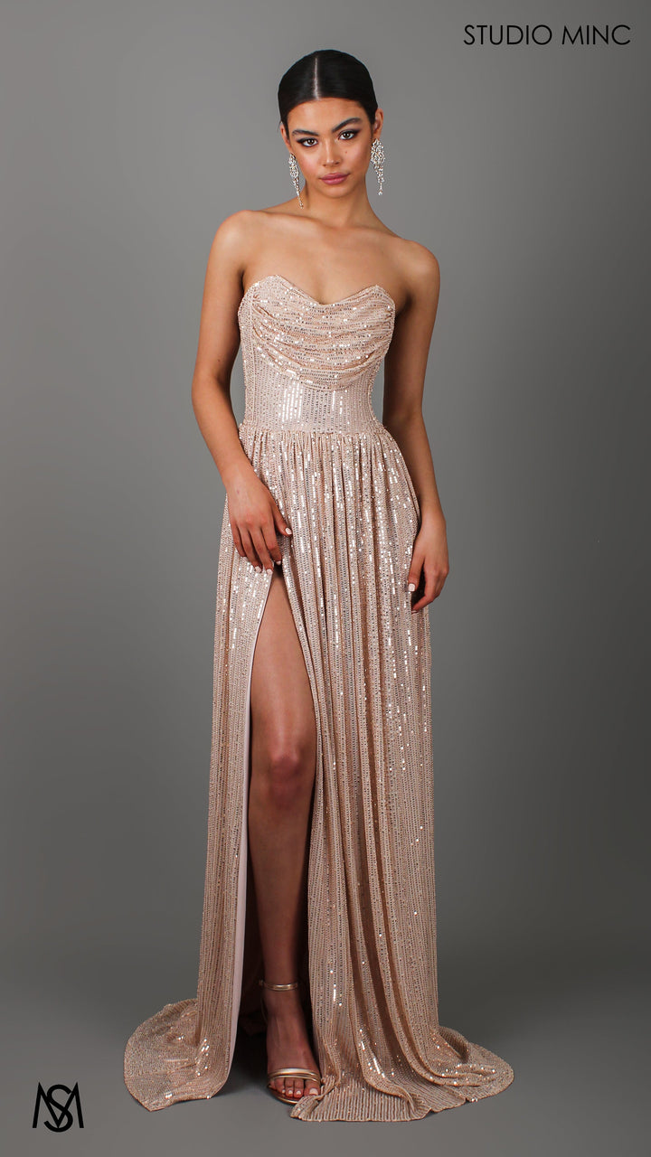 CRUSH - Champagne Gold Sequin Formal Dress with Corset &amp; Arm Drapes