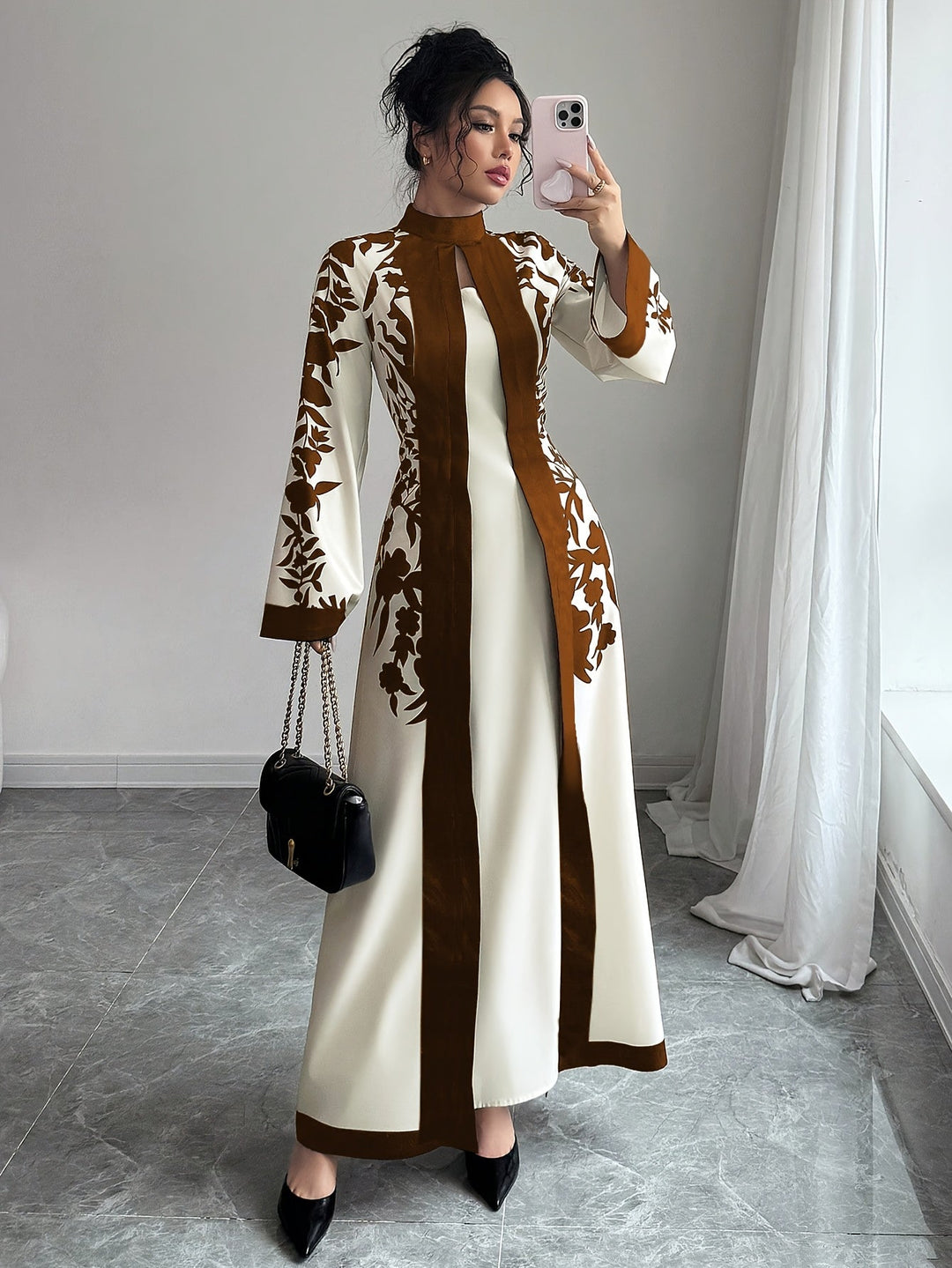 Fashionable Elegant Faux Two-Piece Fall/Winter New Floral Print Long Sleeve Maxi Dress