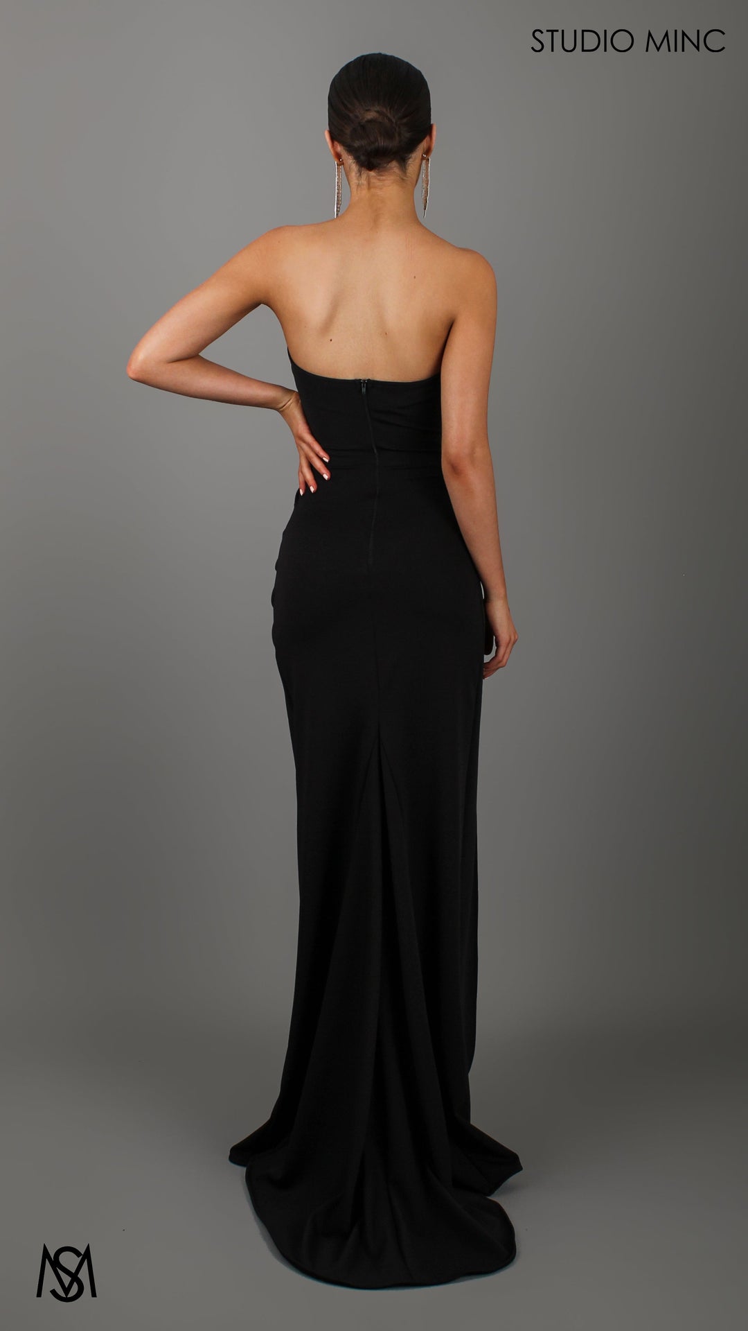 EGO - Black Strapless Formal Dress with Leg Split and Corset Bodice