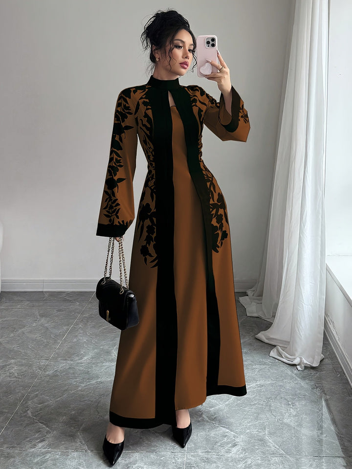 Fashionable Elegant Faux Two-Piece Fall/Winter New Floral Print Long Sleeve Maxi Dress