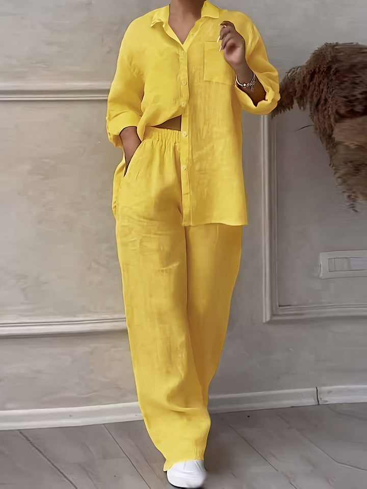 Casual Collar Cardigan and Wide-Leg Pants Set, Elegant Versatile Slim Fit Solid Color Chic Shirt Top with Soft Fabric for Comfortable Beach Vacation Daily/Office Commute Loose Waist Trousers Two-Piece Outfit