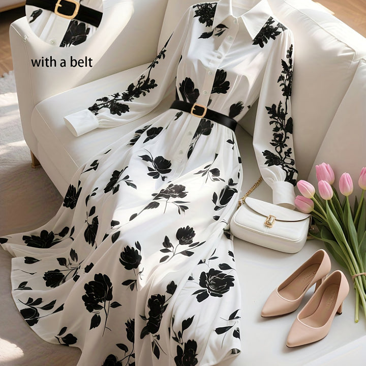 Spring/Autumn New French Retro Floral Print, Elegant Long Dress with Belt, Women&