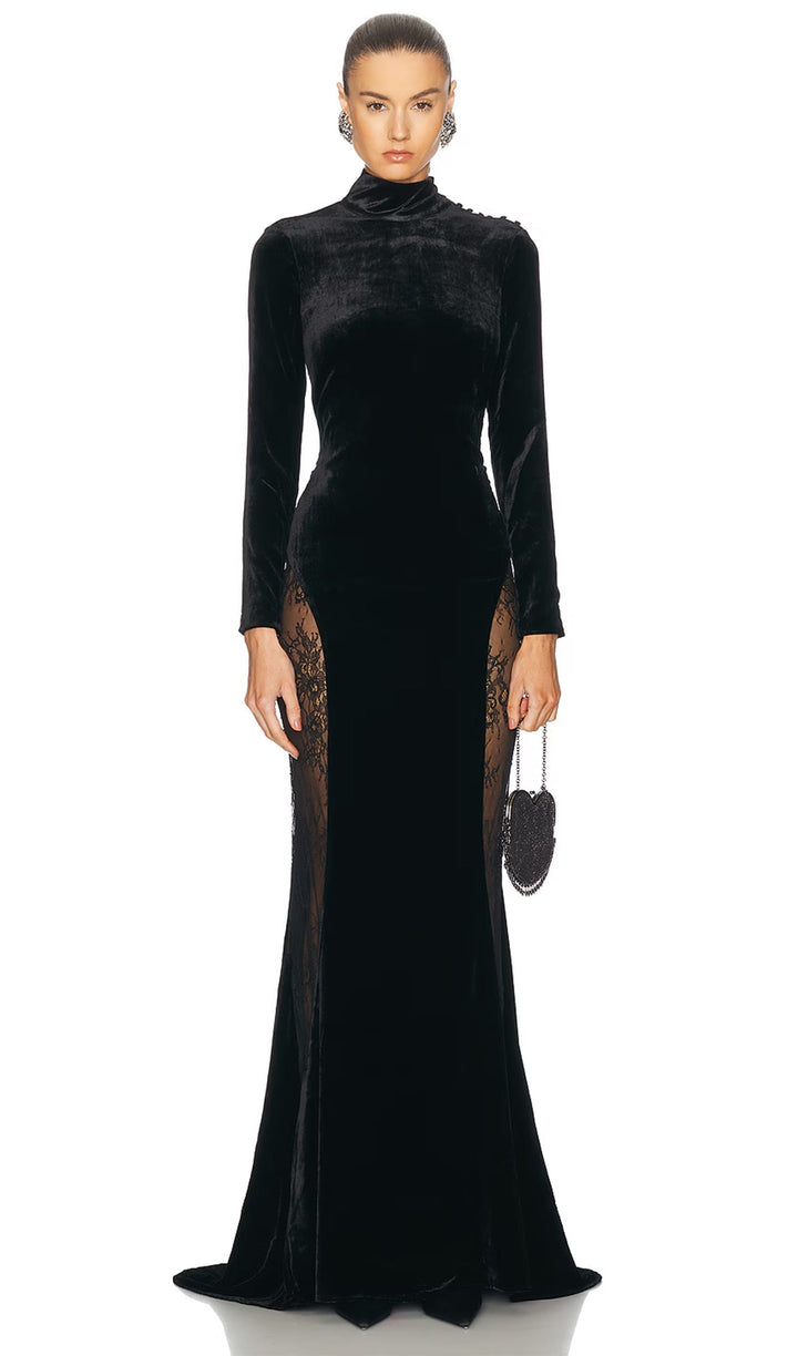 Semi-Sheer Lace Velvet Maxi Dress