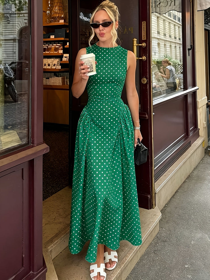 European And American Cross-Border 2026 Spring And Autumn New Retro Polka Dot Print Sleeveless Round Neck Slim High Waist A-Line Skirt Long Women&