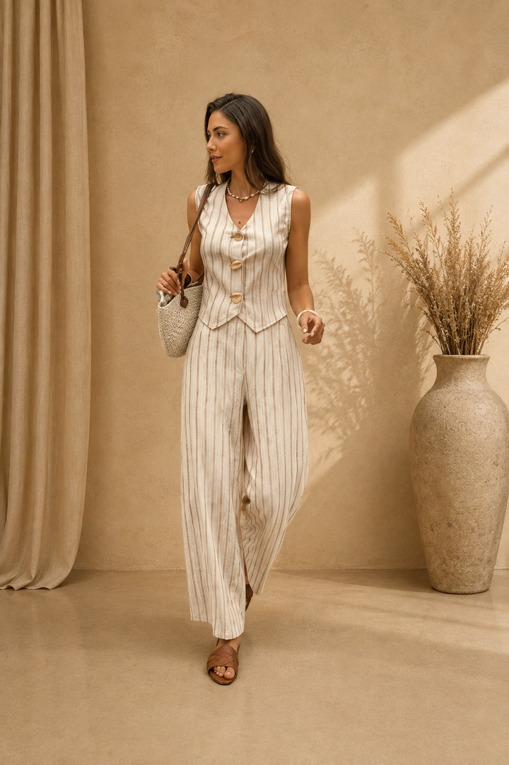 Chic Striped Vest  Pants Set Stretch Golden Buttons
