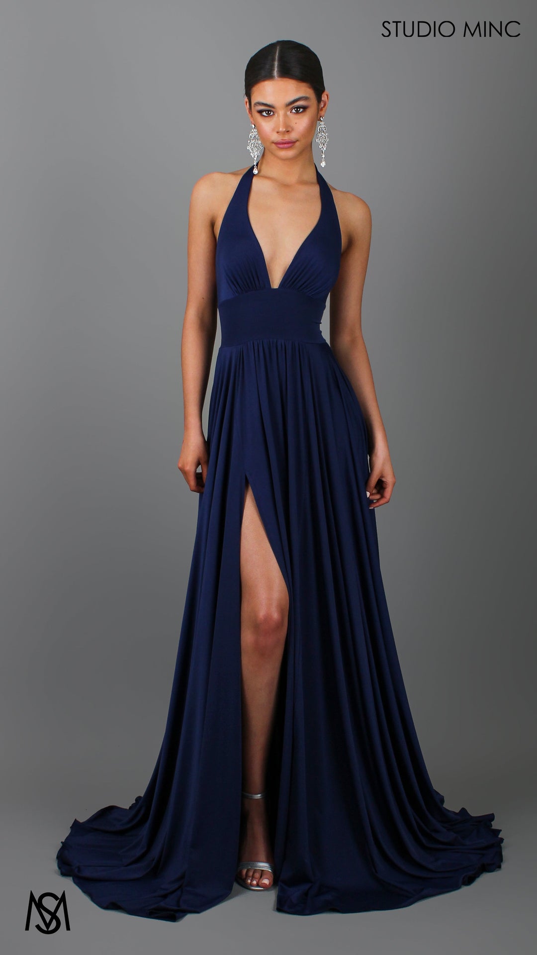 LOVE - Navy Blue Flowy Formal Dress with Plunge Neckline &amp; Leg Split